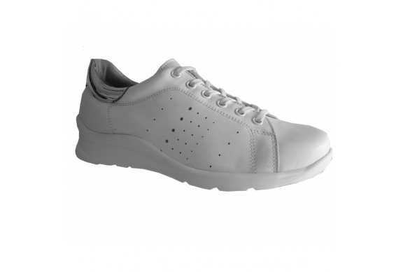 Ecosanit Mod. Bolt sneaker comoda donna forata pelle bianco argento predisposta lacci